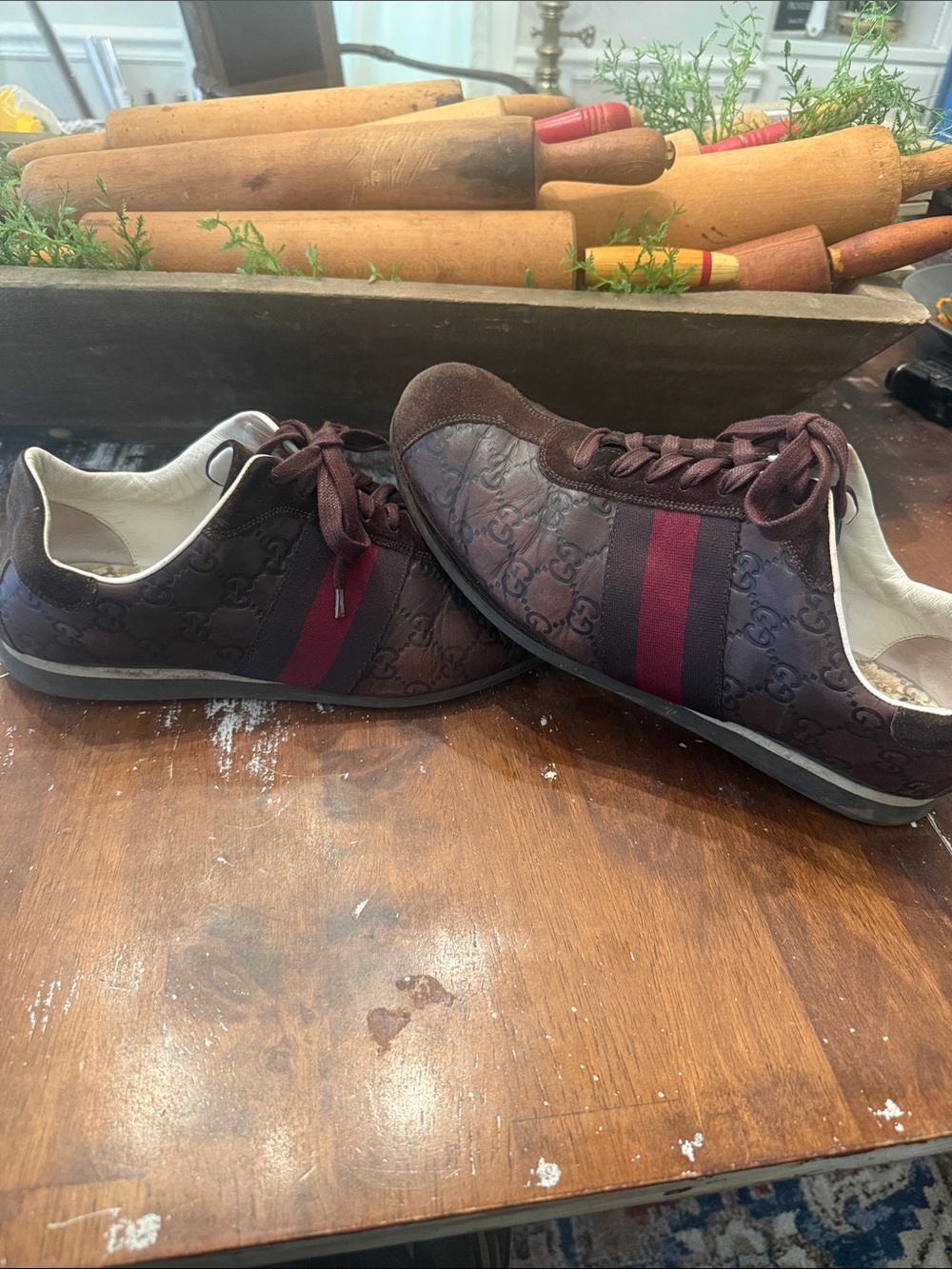 Gucci Brown Leather GG embossed Sneakers with Red and Green Web Stripe - Picture 4 of 6